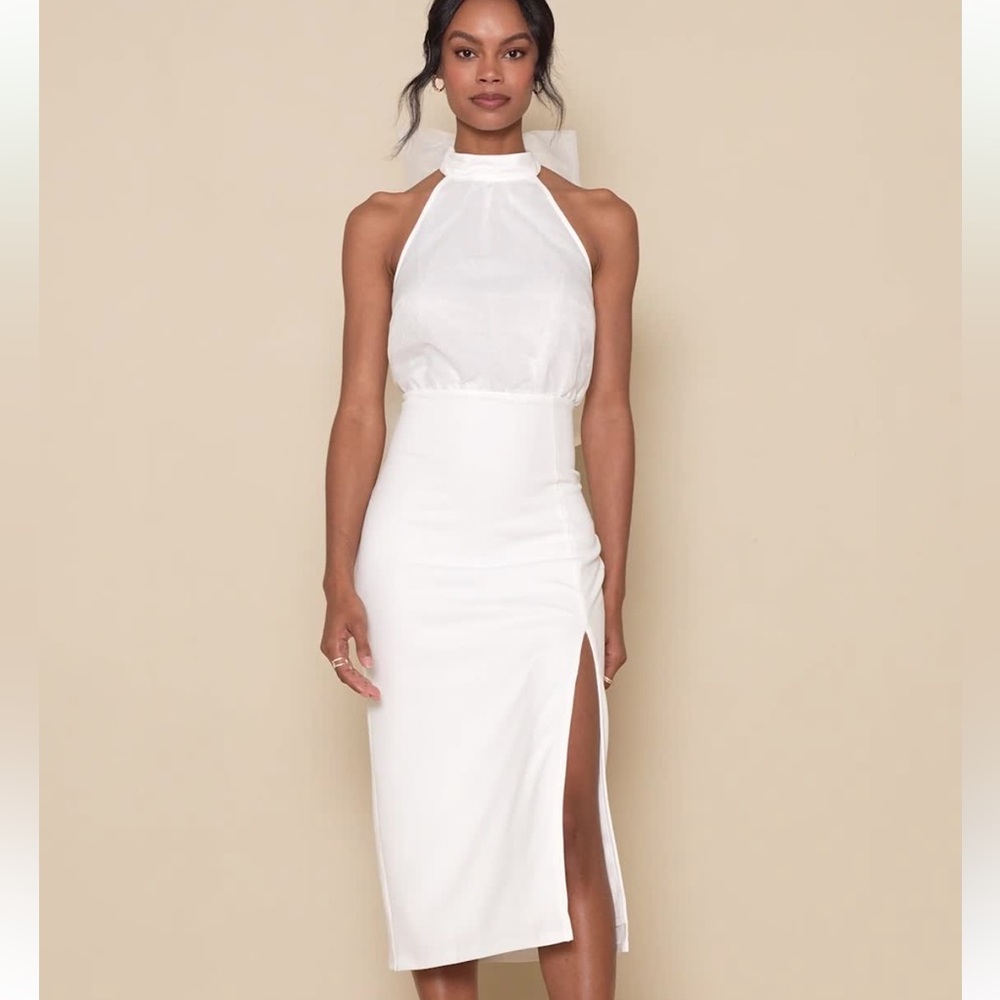 Lulu’s White Organza Halter Bodycon Midi Dress